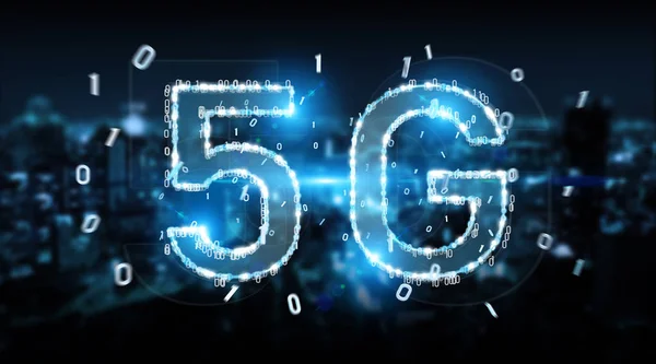 5G network digital hologram on blue city background 3D rendering