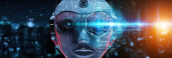 Cyborg head using artificial intelligence to create digital interface on city bokeh background 3D rendering