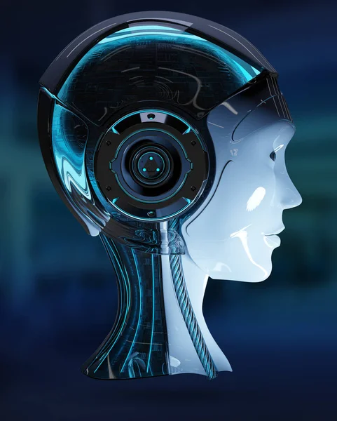 Cyborg head artificial intelligence isolated on blue background 3D rendering