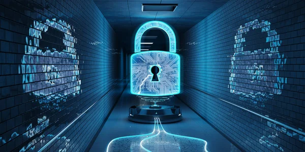 Blue Underground Cyber Security Hologram Digital Padlock Rendering — Stock Photo, Image