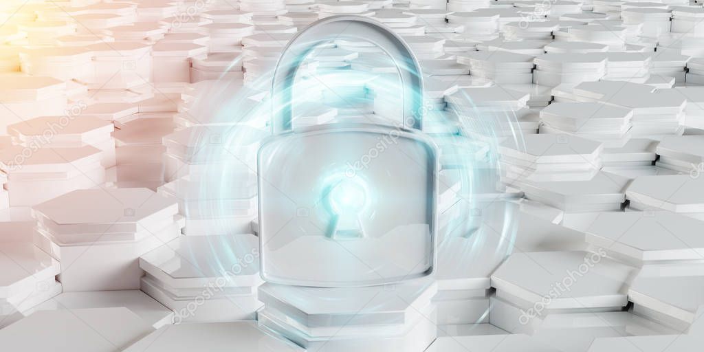 White abstract padlock icon on hexagons background 3D rendering