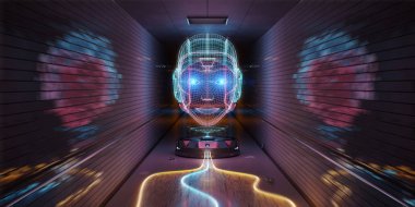 Mavi turuncu ve pembe cyborg hologram bir metro iç 3d render tarassut