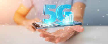 İşadamı 5 g ağ istimal hareket eden telefon 3d render ile arka plan bulanık üzerinde