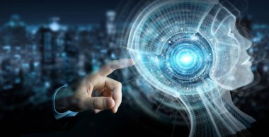 İşadamı dijital yapay zeka arabirimi 3d rendering kullanarak arka plan bulanık üzerinde