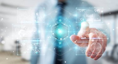 İşadamı hologramlar veriler 3d render ile dijital ekranlar arabirimini kullanarak arka plan bulanık üzerinde