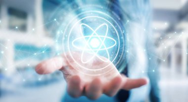 İşadamı modern molekül yapısı 3B oluşturmayı kullanarak arka plan bulanık üzerinde