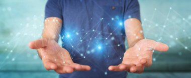 İşadamı fütüristik bağlantı arabirimi 3d rendering kullanarak arka plan bulanık üzerinde