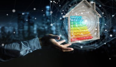 Ahşap bir evde 3d render enerji derecelendirme grafik kullanarak arka plan bulanık üzerinde işadamı