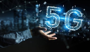 İşadamı 5 g ağ dijital hologram 3B oluşturmayı kullanarak arka plan bulanık üzerinde