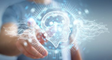 İşadamı dijital yapay zeka simgesi hologram 3B oluşturmayı kullanarak arka plan bulanık üzerinde
