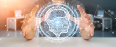 İşadamı dijital yapay zeka simgesi hologram 3B oluşturmayı kullanarak arka plan bulanık üzerinde