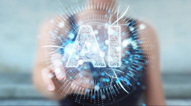 İşkadını dijital yapay zeka simgesi hologram 3B oluşturmayı kullanarak arka plan bulanık üzerinde