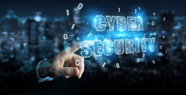 Siber Güvenlik metin hologram 3B oluşturmayı kullanarak arka plan bulanık üzerinde işadamı