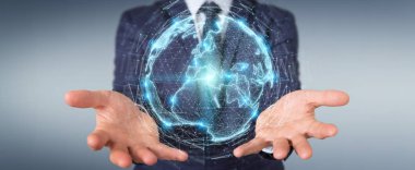 İşadamı üzerinde küre ağ hologram Avrupa ile harita 3B oluşturmayı kullanarak arka plan bulanık