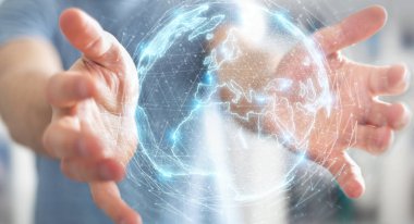 İşadamı üzerinde küre ağ hologram Avrupa ile harita 3B oluşturmayı kullanarak arka plan bulanık