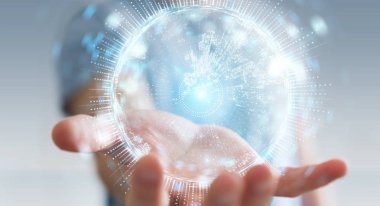 İşadamı üzerinde küre ağ hologram Avrupa ile harita 3B oluşturmayı kullanarak arka plan bulanık