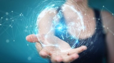 İşkadını üzerinde küre ağ hologram Avrupa ile harita 3B oluşturmayı kullanarak arka plan bulanık
