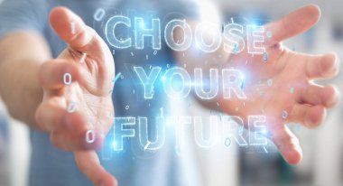 İşadamı gelecek metin arabirimi 3d rendering kullanarak arka plan bulanık üzerinde