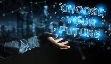 İşadamı gelecek metin arabirimi 3d rendering kullanarak arka plan bulanık üzerinde