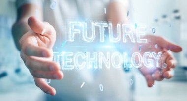 Geleceğin teknolojisi metin arabirimi 3d rendering kullanarak arka plan bulanık üzerinde işadamı