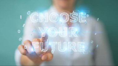 İşkadını gelecek metin arabirimi 3d rendering kullanarak arka plan bulanık üzerinde