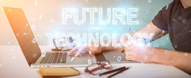 Geleceğin teknolojisi metin arabirimi 3d rendering kullanarak arka plan bulanık üzerinde grafik tasarımcı