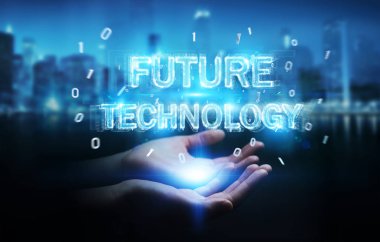 İşkadını geleceğin teknolojisi metin arabirimi 3d rendering kullanarak arka plan bulanık üzerinde