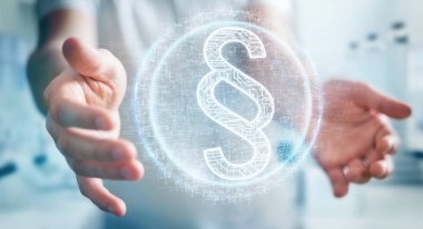 İşadamı hukuk paragraf dijital hologram 3B oluşturmayı kullanarak arka plan bulanık üzerinde