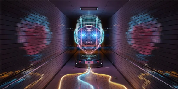 Azul Laranja Rosa Cyborg Holograma Assistindo Interior Metrô Renderização — Fotografia de Stock