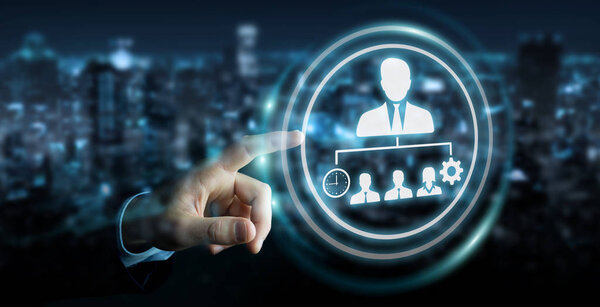 Бизнесмен на размытом фоне с помощью 3D рендеринга бизнес-диаграмм
