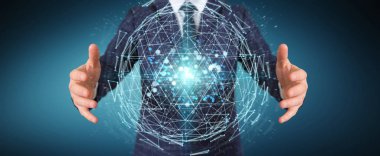 İşadamı dijital üçgen küre hologram 3d render patlayan kullanarak arka plan bulanık üzerinde