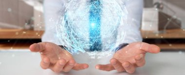 İşadamı dijital üçgen küre hologram 3d render patlayan kullanarak arka plan bulanık üzerinde