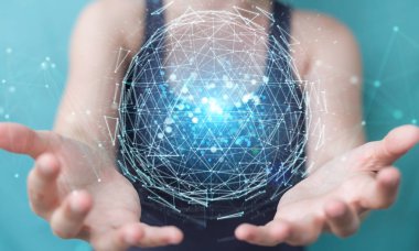 İşkadını dijital üçgen küre hologram 3d render patlayan kullanarak arka plan bulanık üzerinde