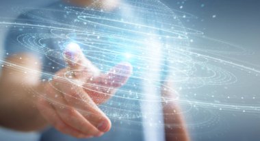 İşadamı dijital küre bağlantısı hologram 3B oluşturmayı kullanarak arka plan bulanık üzerinde