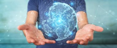 İşadamı üzerinde küre ağ hologram Amerika ABD harita 3d render ile kullanarak arka plan bulanık