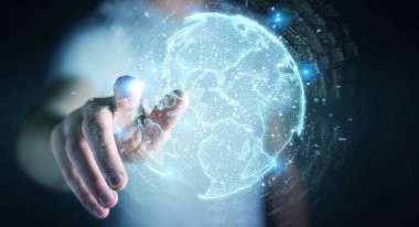 İşadamı üzerinde küre ağ hologram Amerika ABD harita 3d render ile kullanarak arka plan bulanık