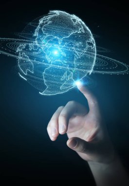 İşkadını üzerinde küre ağ hologram Amerika ABD harita 3d render ile kullanarak arka plan bulanık