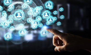 Sosyal ağ arabirimi 3d rendering kullanarak arka plan bulanık üzerinde işadamı