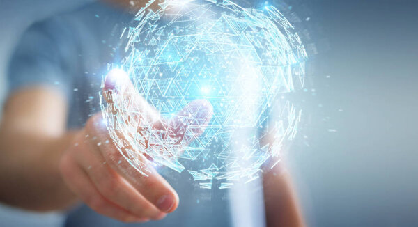 Businessman on blurred background using digital triangle exploding sphere hologram 3D rendering