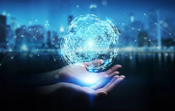 Businesswoman Blurred Background Using Digital Triangle Exploding Sphere Hologram Rendering — Stock Photo, Image