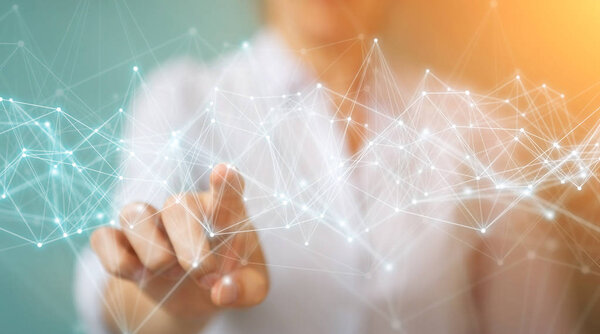 Деловая женщина на размытом фоне с помощью 3D рендеринга подключения к сети
