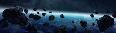 Uçan Asteroitler ile Dünya gezegeninin panoramik görünümü kapat Nasa tarafından döşenmiş bu görüntü alanı 3d render elemanları