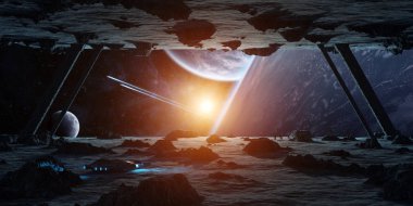 Astronotlar uzay 3d render elemanları Nasa tarafından döşenmiş bu görüntünün büyük bir asteroit uzay gemisi keşfetmek