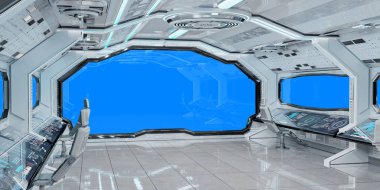 Mavi arka plan 3d render ile beyaz temiz uzay gemisi iç