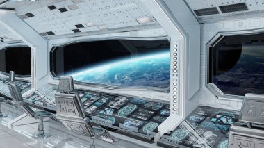 Beyaz temiz uzay gemisi iç gezegende manzaralı toprak Nasa tarafından döşenmiş bu görüntü 3d işleme öğeleri