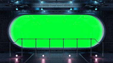 Siyah teknoloji uzay pencere iç yeşil arka plan 3d render ile yuvarlak