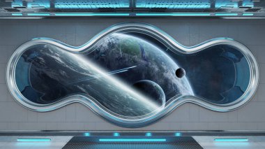 Beyaz teknik uzay gemisi yuvarlak pencere iç uzak sistem 3d işleme öğeleri Nasa tarafından döşenmiş bu görüntünün üzerinde manzaralı