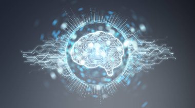 Dijital yapay zeka simgesi hologram mavi gri arka planda 3d render