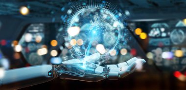 Dünya ağ hologram Europe harita 3d rendering ile kullanarak arka plan bulanık beyaz insansı el