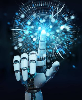 Beyaz cyborg el dijital göz gözetim hologram 3B oluşturmayı kullanarak arka plan bulanık üzerinde